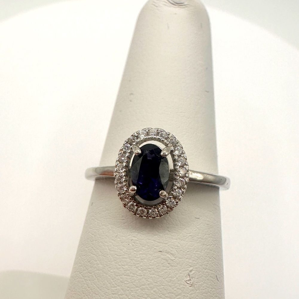 SALE! .73ct deep‎ blue iolite, cz halo diamonds, stamped .925 ring!